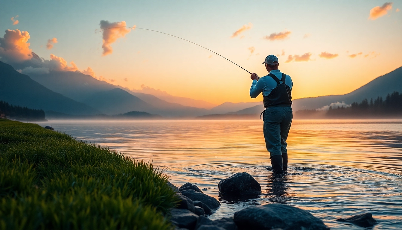 Person fishing in beautiful water, showcasing fly fishing waders for outdoor enthusiasts.