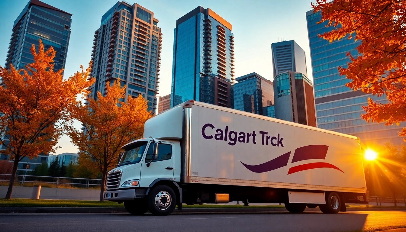 Reliable long distance movers Calgary in front of a modern city skyline with a moving truck.