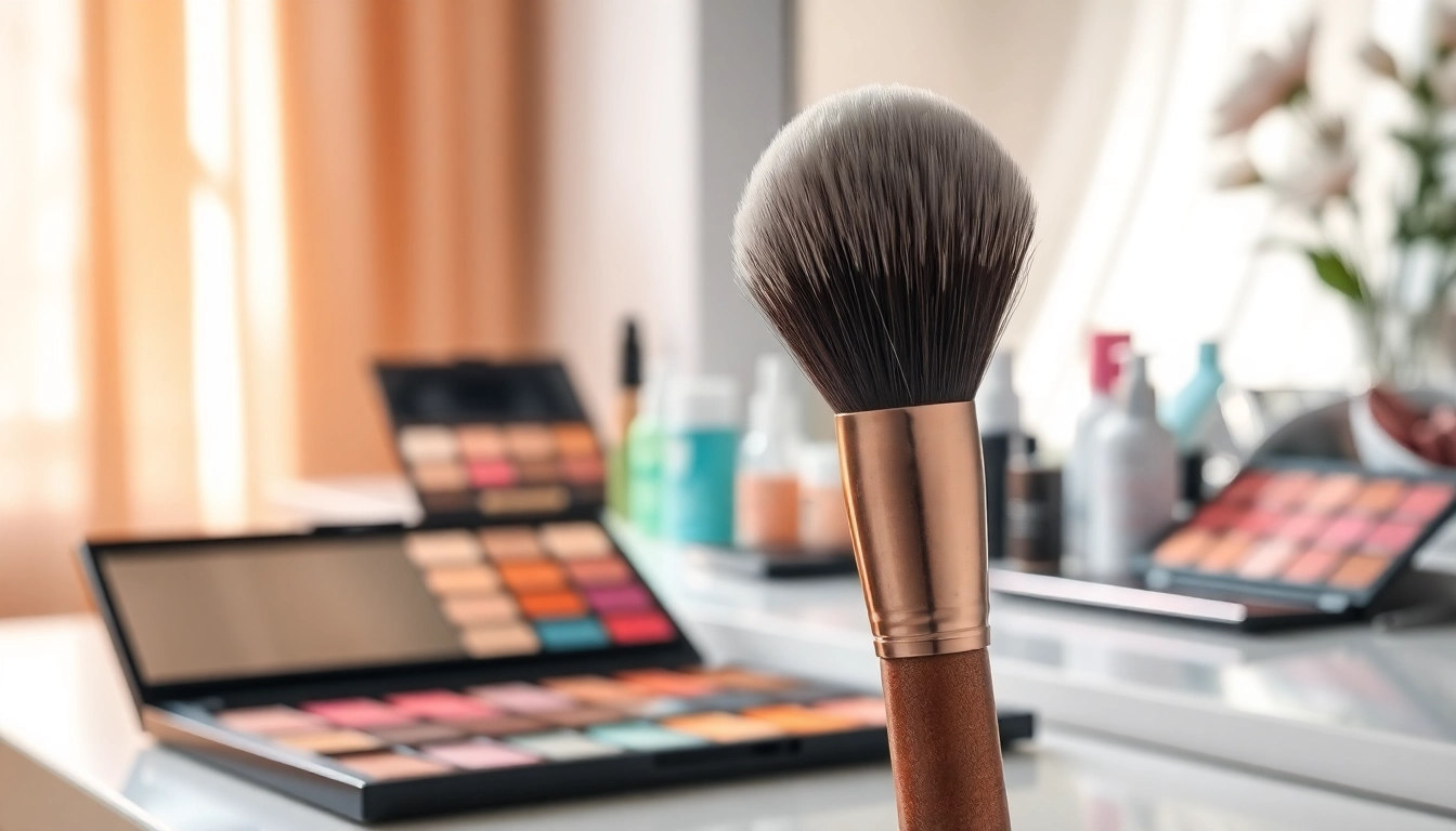 Apply makeup effortlessly with an angled makeup brush, showcasing its soft bristles and sleek design.