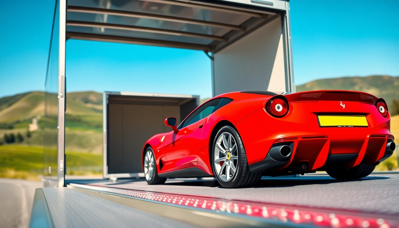 Transporting luxury cars with https://luxuryautocarriers.com in a professional trailer against scenic hills.