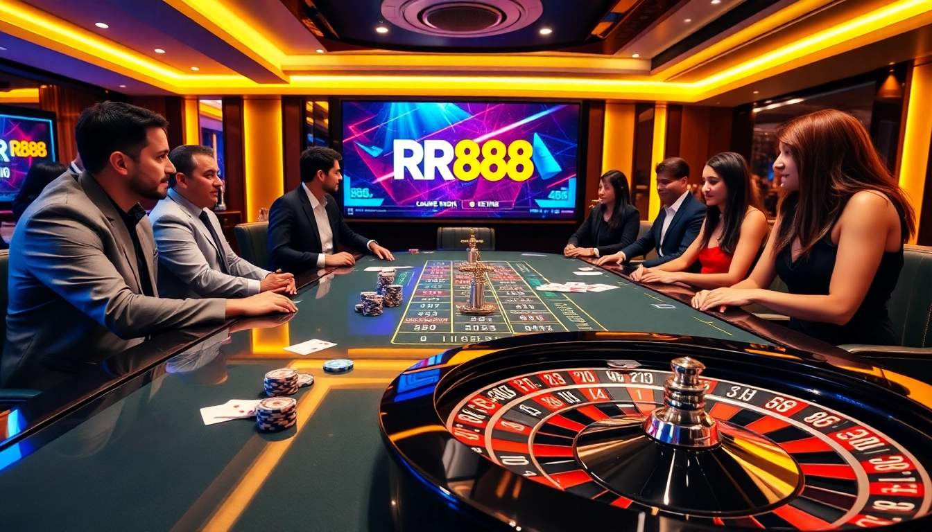 Experience the thrill of RR88 with players engaged in strategic betting at a luxurious casino table.