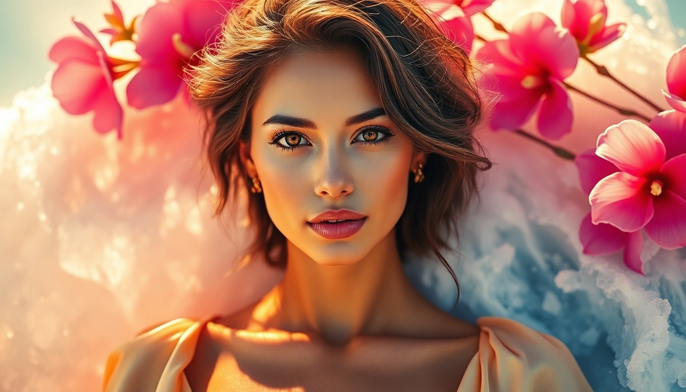 Captivating scene featuring Olympea fragrance embodied by a confident woman amid floral elegance.