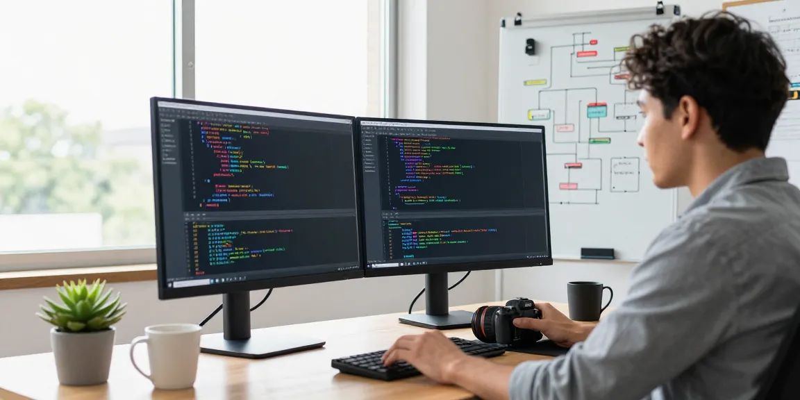 Programmer coding at a dual-monitor setup in a modern workspace, relevant to scenadomen.pl.