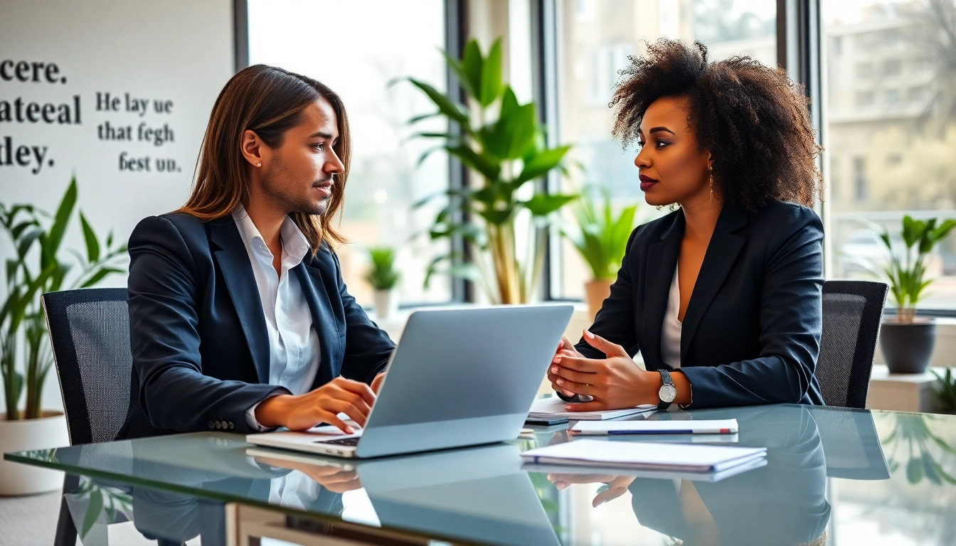 Career consultant engaging with a client in a modern, motivating office environment.
