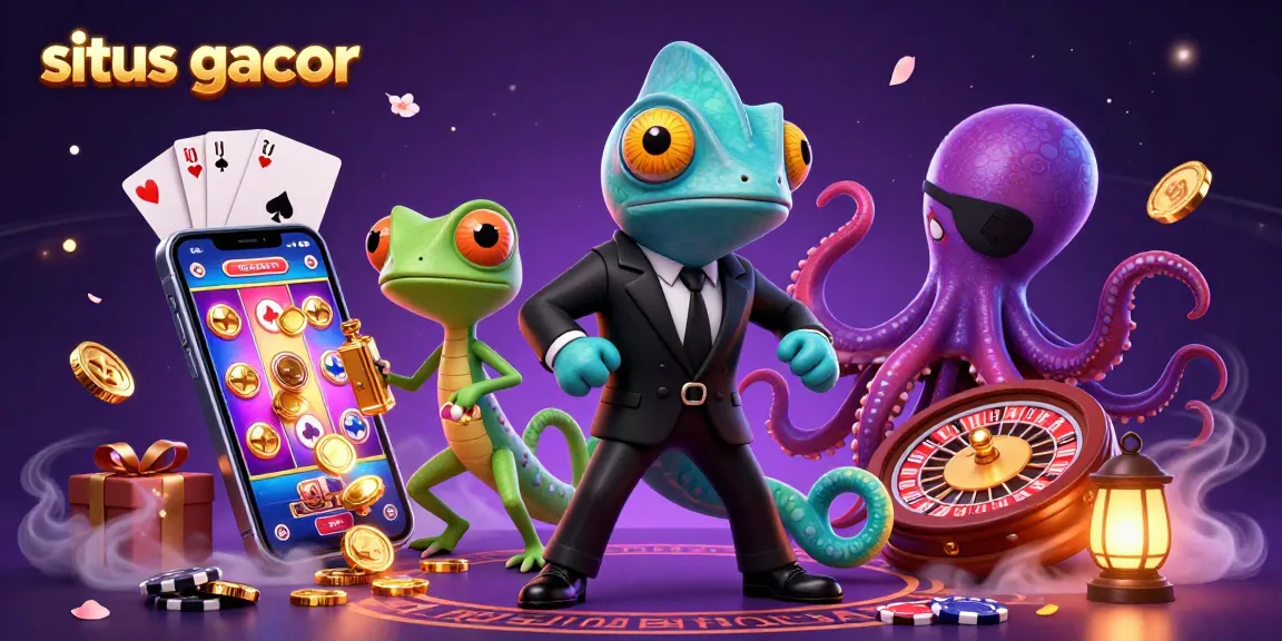 Win big with situs gacor in this vibrant casino scene featuring a daring chameleon and high-stakes gadgets.