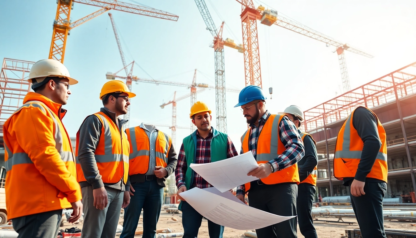 Construction association members collaborating on-site at a vibrant construction site.