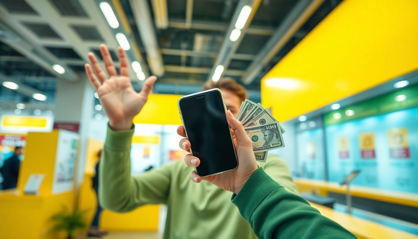 Cash for phone exchange captured with a vibrant atmosphere, showcasing excitement in a bright setting.