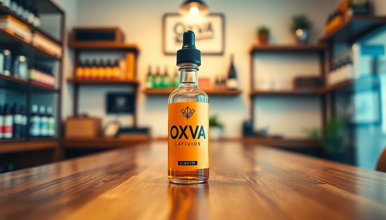 Oxva Liquid in an elegant bottle on a polished wooden surface, showcasing vibrant colors and inviting ambiance.