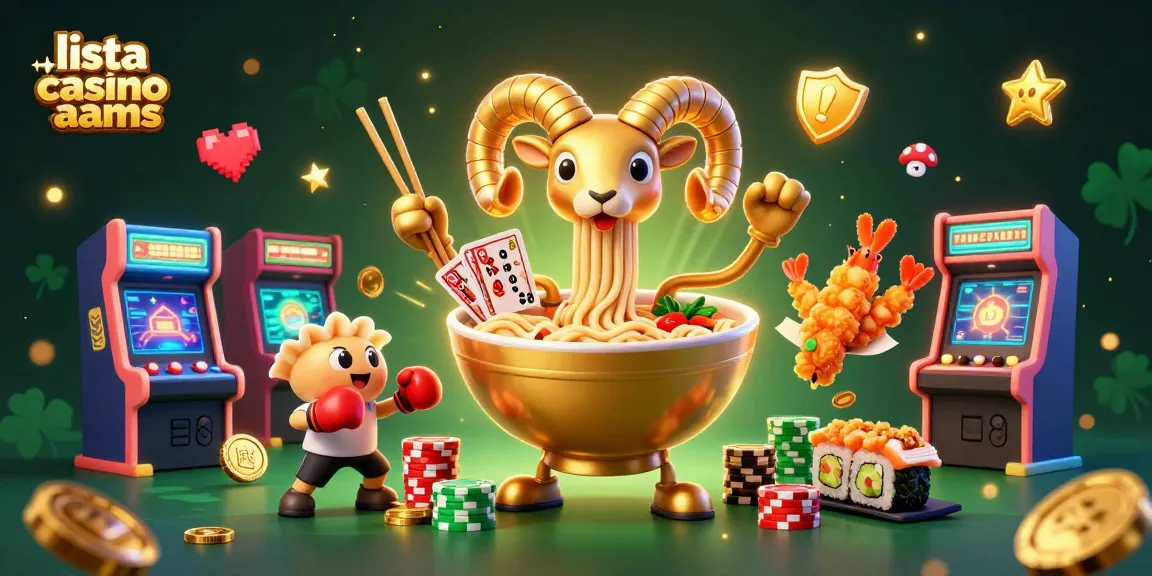 Illustrazione vibrante del mondo dei giochi d'azzardo, con la lista casino non AAMS che stupisce con un ristorante giapponese in stile cartoon.