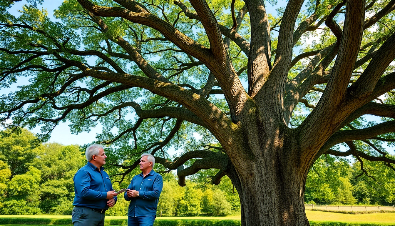Tree Consultancy professionals assessing a mighty oak tree in a scenic outdoor environment.