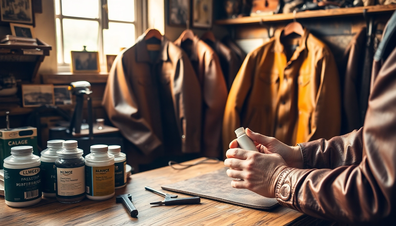 Restoring vintage leather jackets and gear with care in a workshop setting.