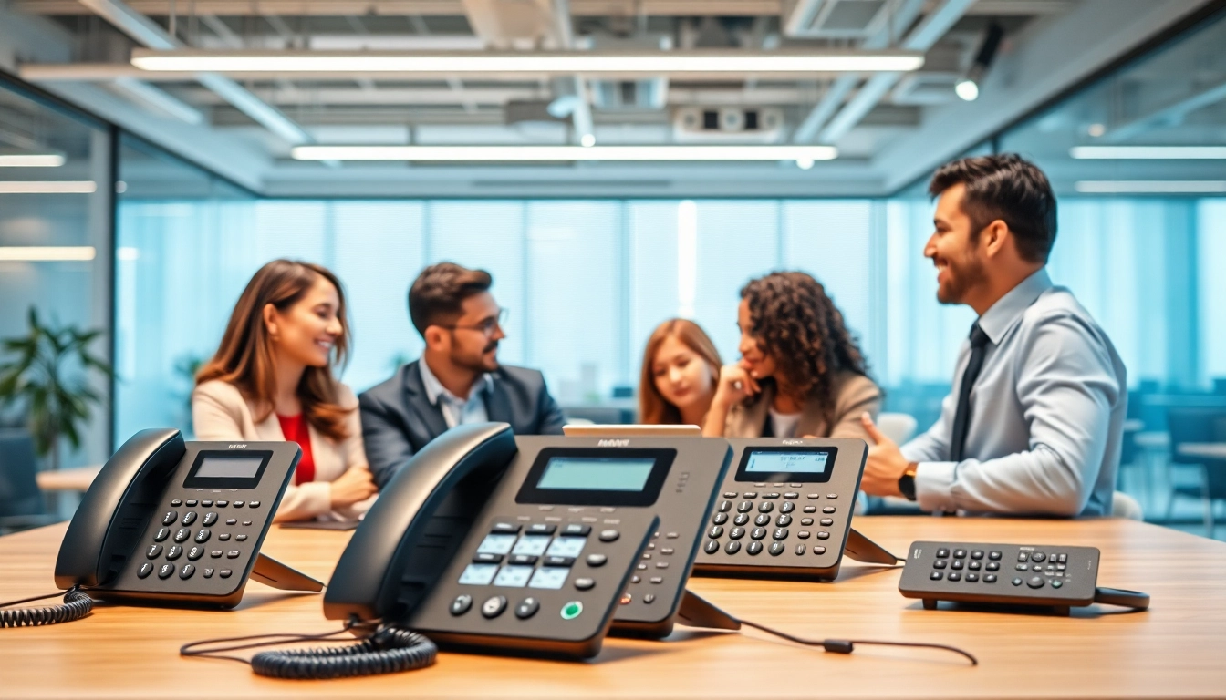 Showcasing office phone systems with modern design and collaborative team environment.