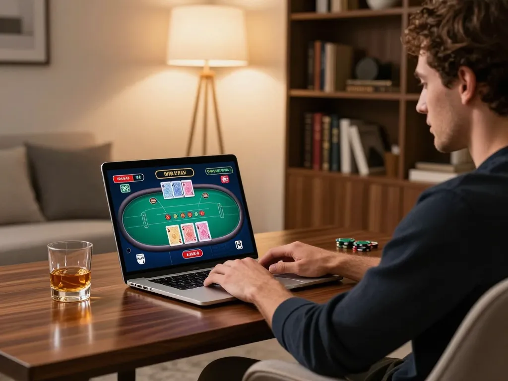 Engaging player at home using dn88 online poker platform with stylish background and warm ambiance.