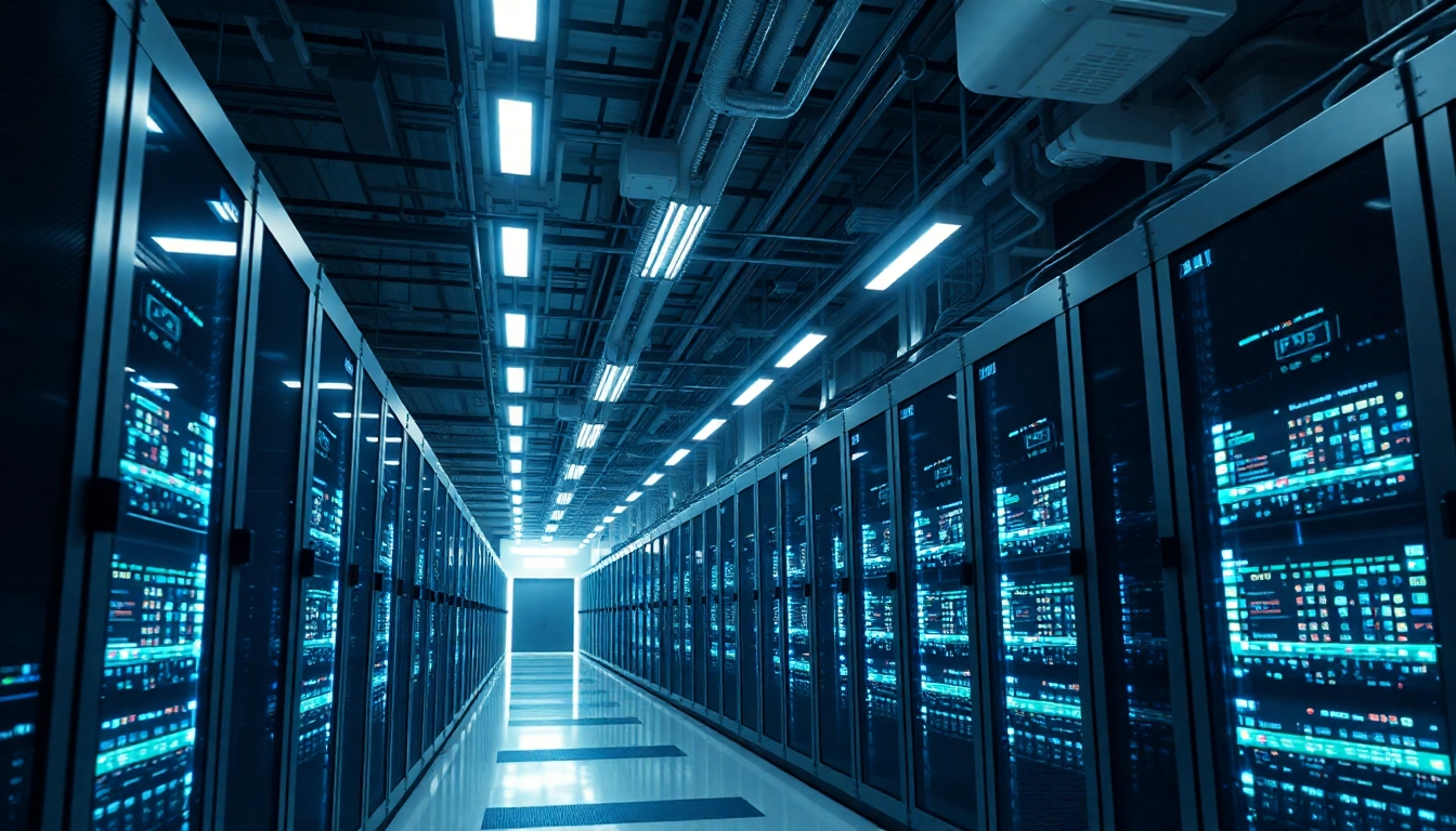 Dynamic facility showcasing advanced cloud crypto mining technology with real-time data displays.