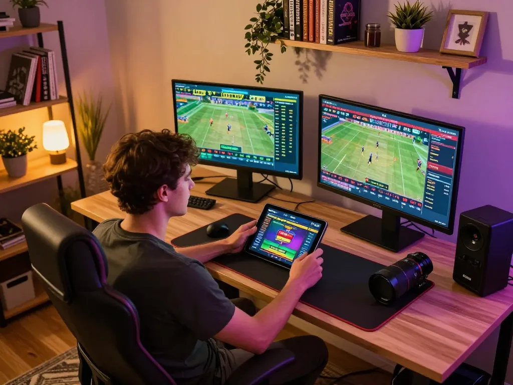 Engaging with thabet sports betting interface on a tablet while enjoying a cozy gaming setup.
