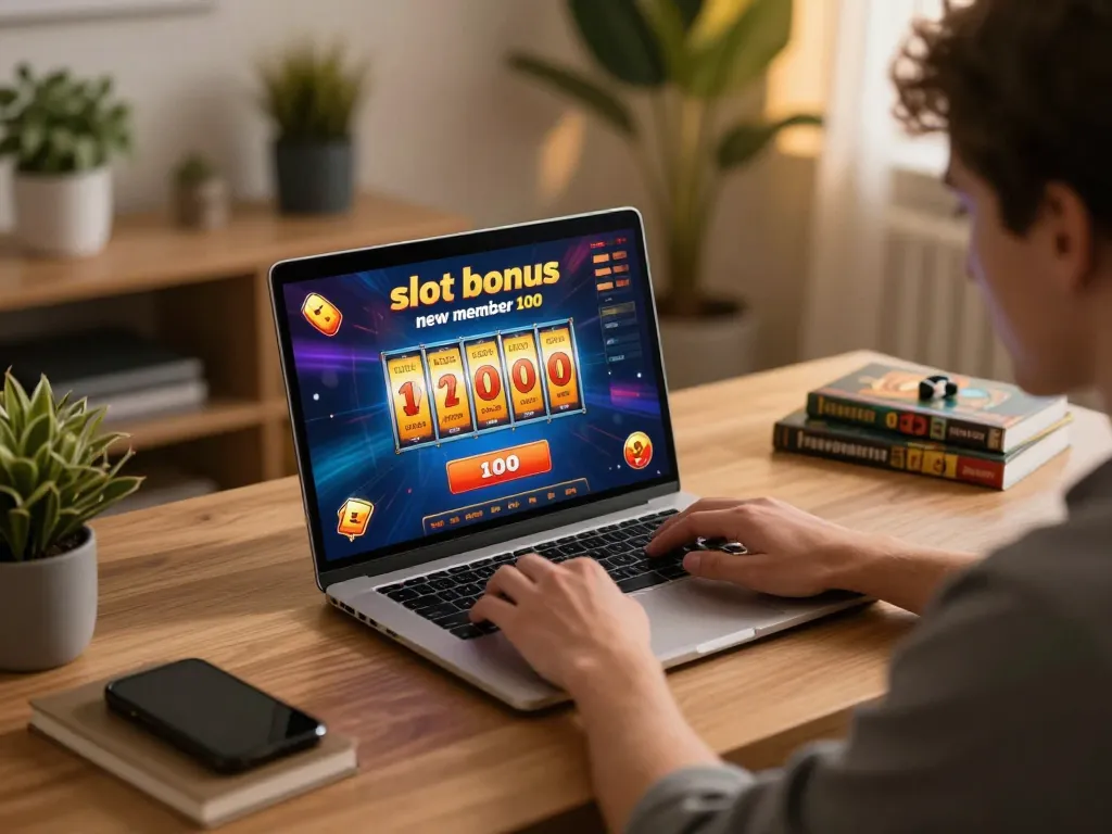 Engaged player exploring slot bonus new member 100 at online casino with spinning reels
