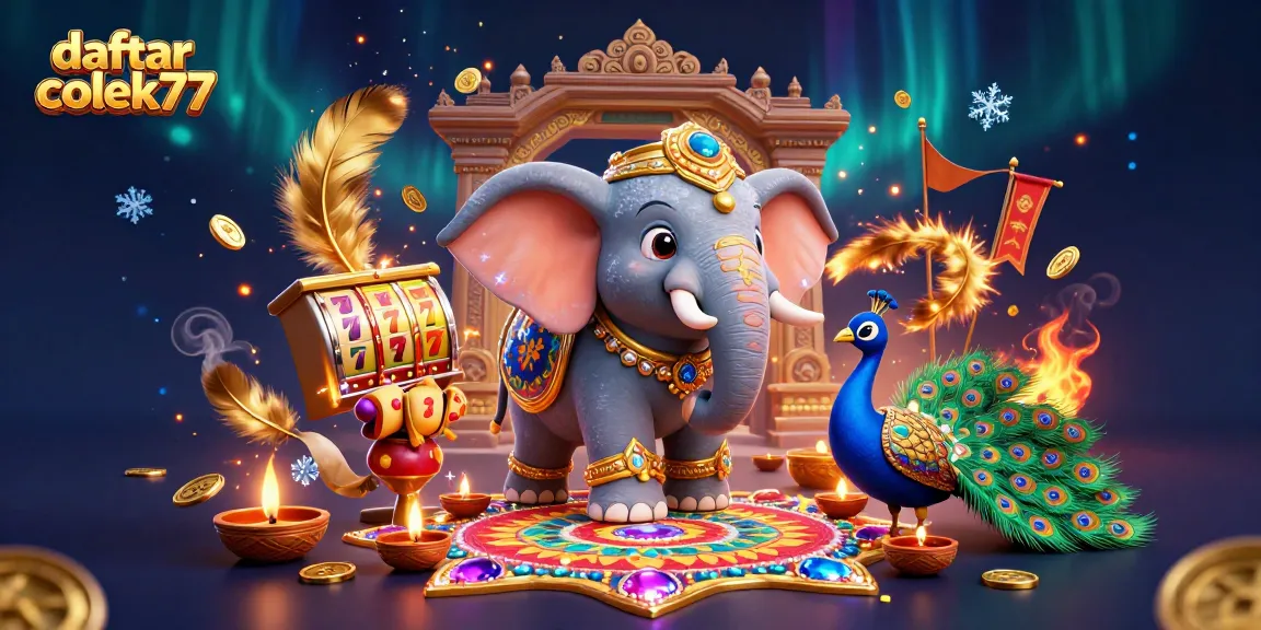 Spin with daftar colek77, featuring vibrant slots and festive characters in a lively casino scene.
