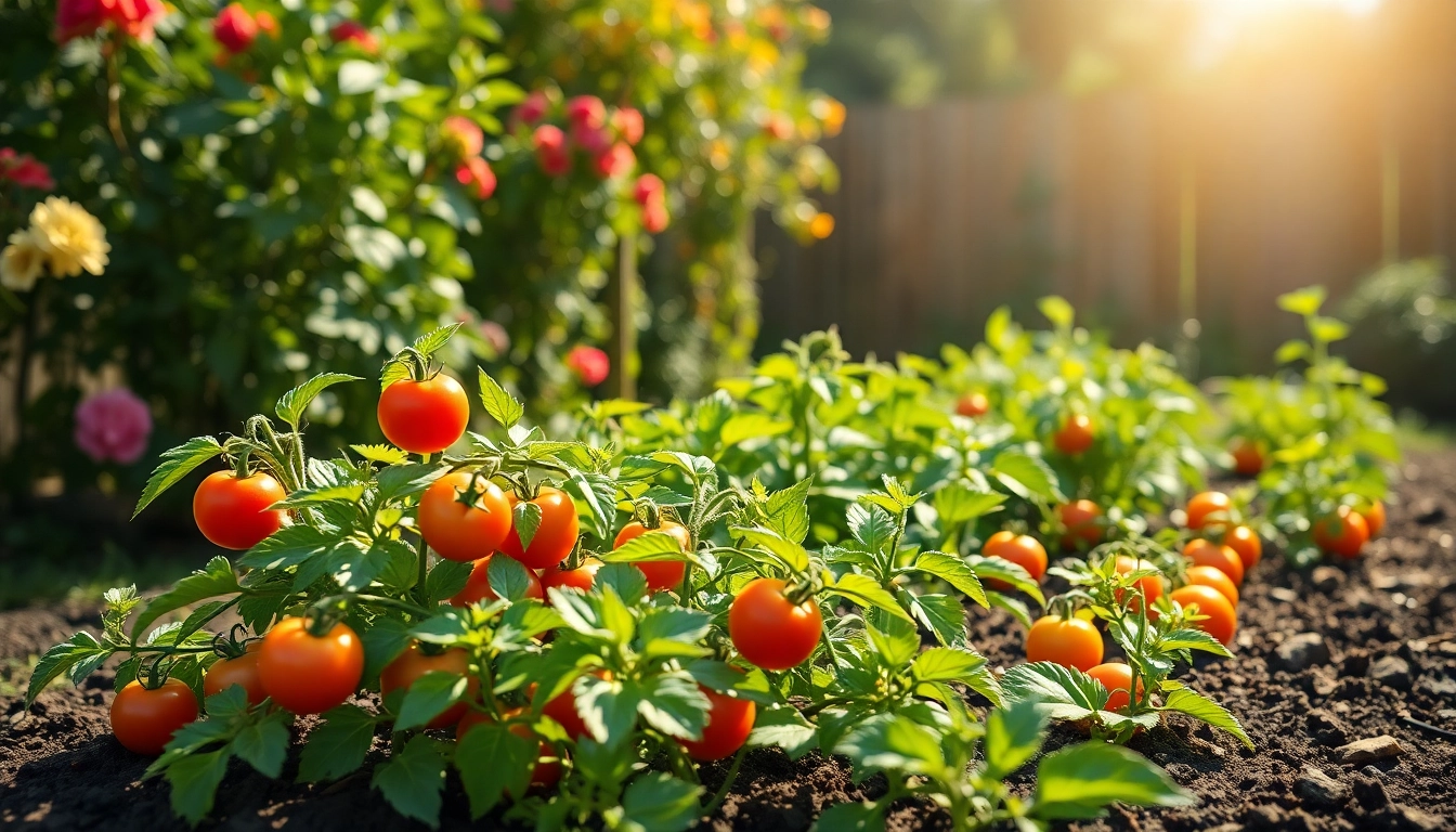 Gardening enthusiasts engaging with a variety of vibrant plants in a sunny backyard garden.