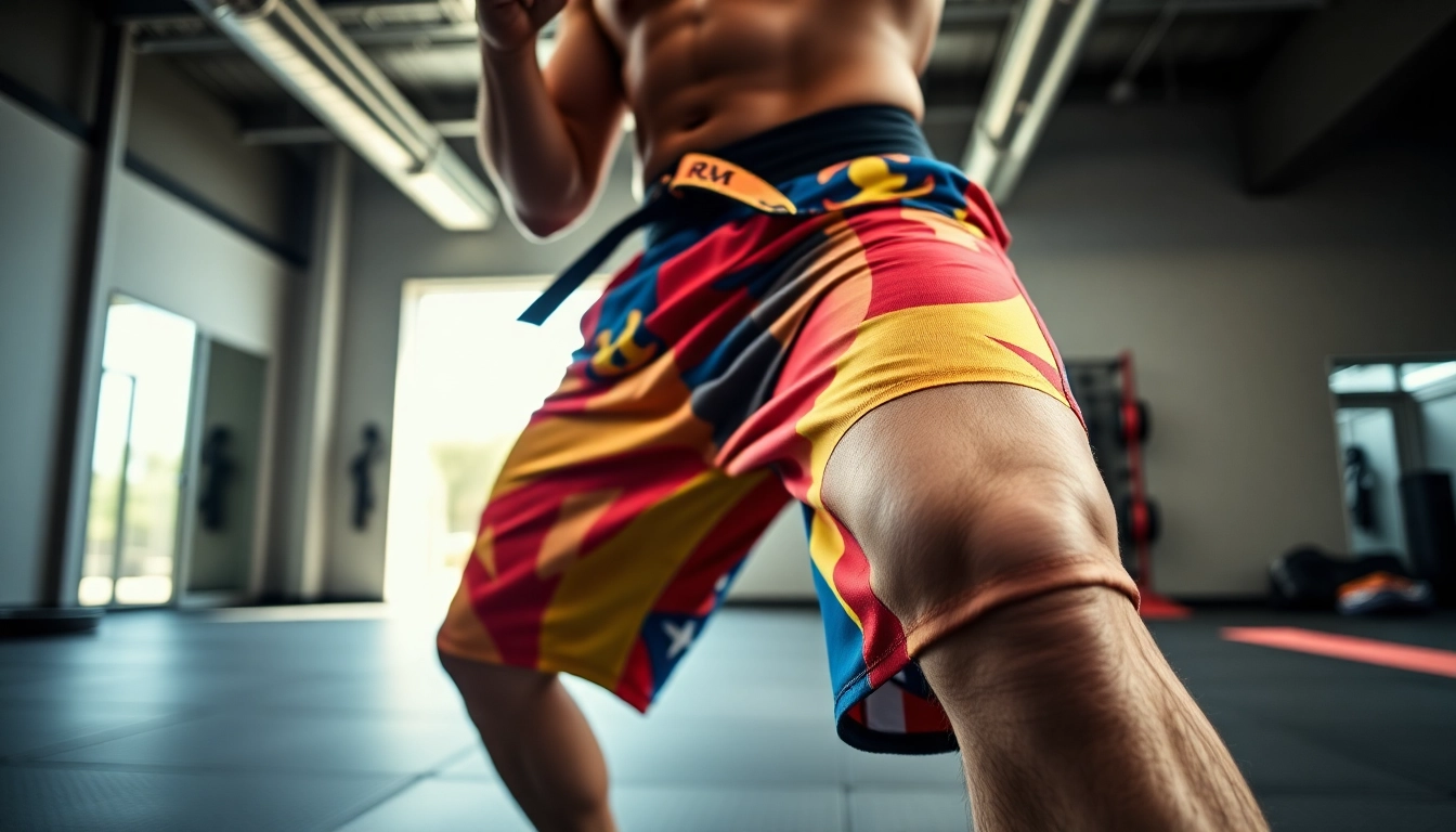Martial artist demonstrating techniques in striking BJJ Shorts showcasing style and energy.