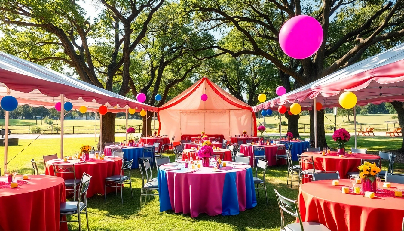 Engaging party rentals setup with colorful decorations for outdoor events.
