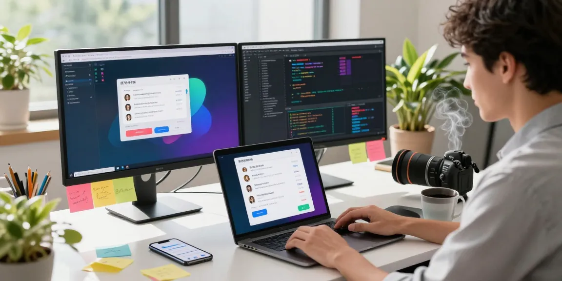 Downloading 纸飞机中文版 in a vibrant modern tech workspace with laptops and coding elements.