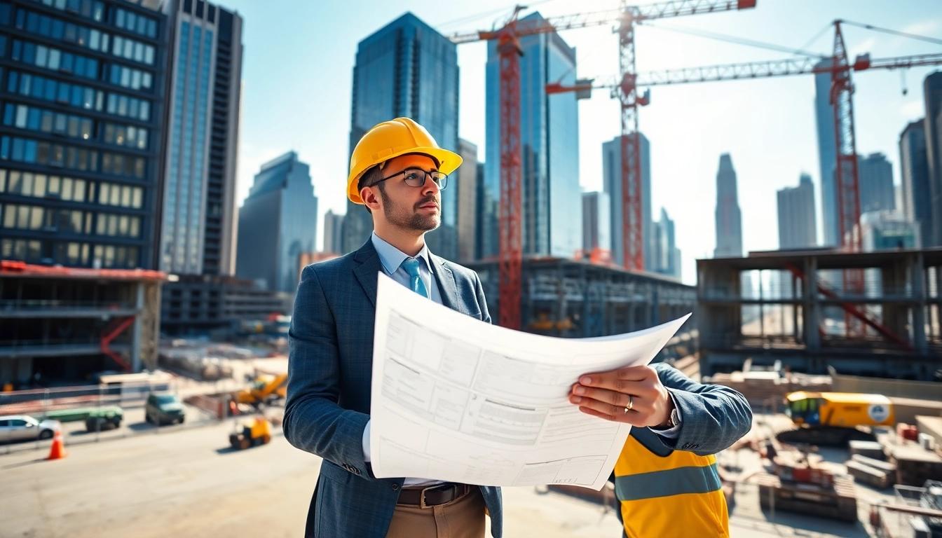 New York City Construction Manager overseeing a dynamic construction site with blueprints.