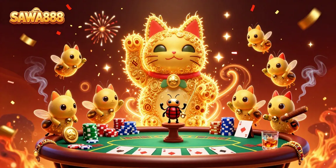 Experience thrilling gaming with SAWA888's vibrant casino scene featuring a lucky cat and exciting elements.