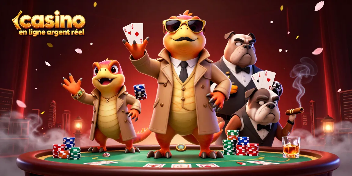 Jouez sur un casino en ligne argent réel avec des raptors en trench coat dans une scène humoristique.