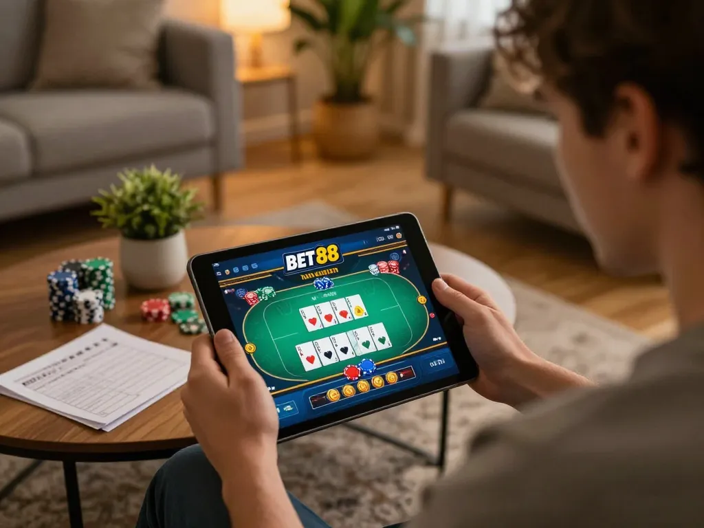 Bet 88 user strategizing poker moves on their tablet in a cozy home setting, reflecting responsible gaming.