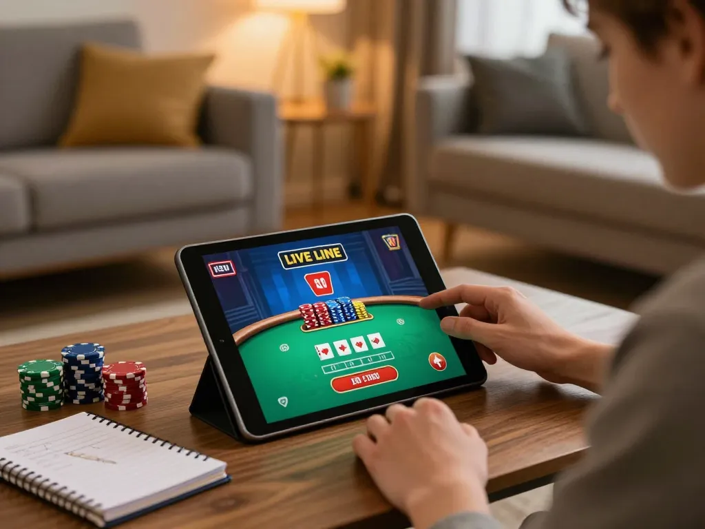 manclub player placing bets on a live dealer game on tablet with chips on the table