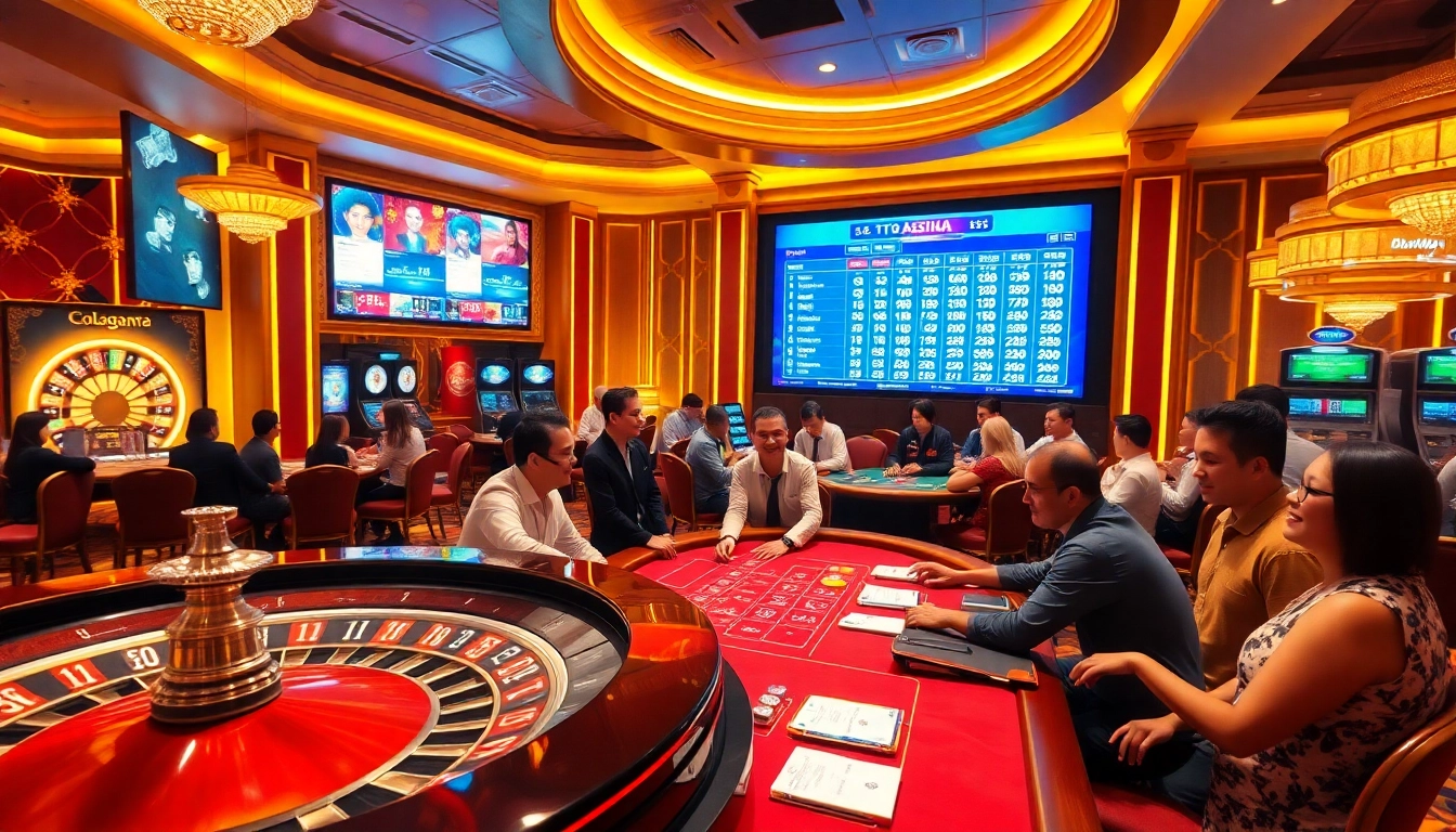 Toto togel players enjoying a vibrant casino atmosphere, engaging at tables with roulette and poker.