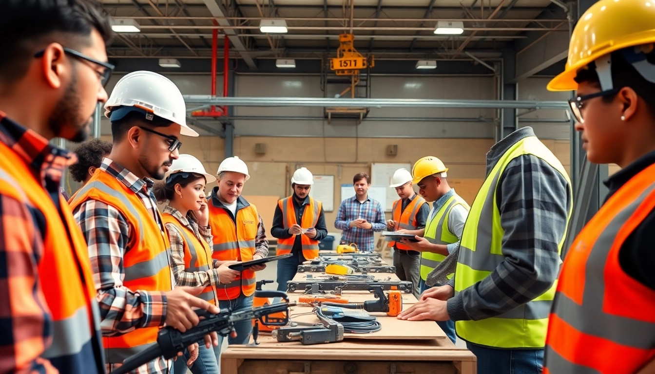 Engaging construction training session with instructors and trainees practicing essential skills.