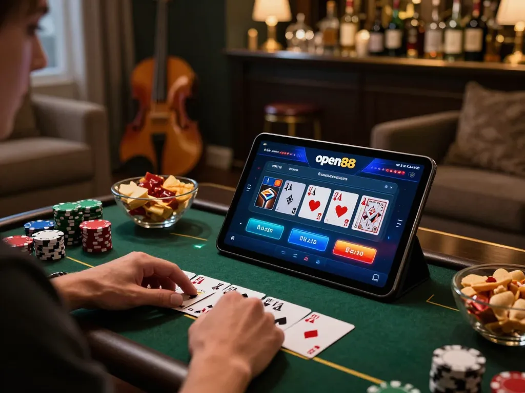 Engaging in a strategic game of blackjack on open88 app in a cozy home setup.