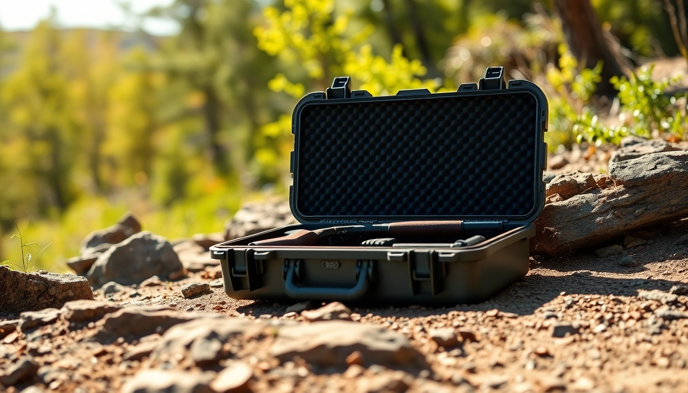 Showcase the pelican rifle case in an outdoor setting, highlighting its features and rugged design.