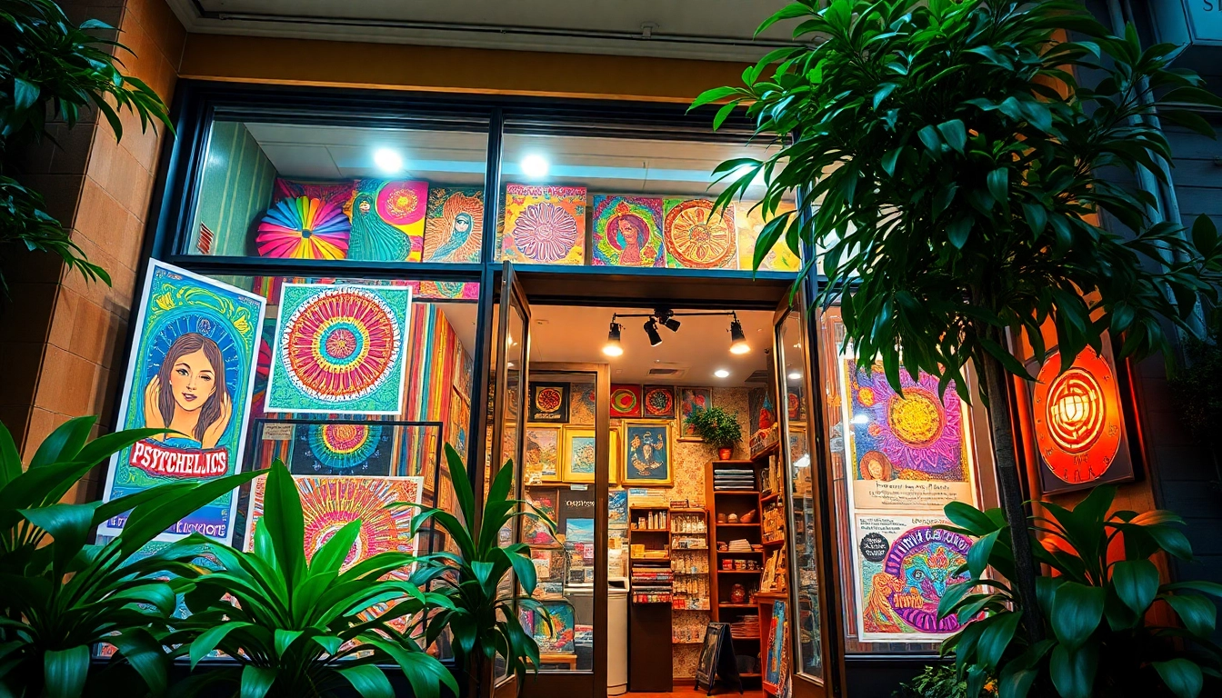 Psychedelicschemstore: Vibrant psychedelic storefront inviting customers with lively art and greenery.