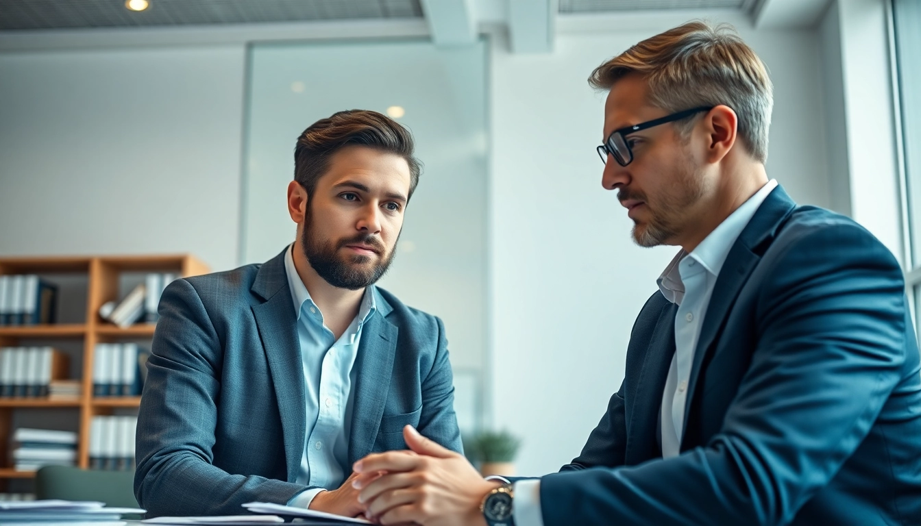 Consultation at https://www.cohanlegal.com, where a lawyer offers advice to a client in a bright office.