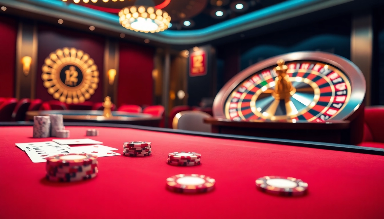 Experience the excitement of 12bet with a luxurious casino scene featuring poker tables, roulette wheels, and online betting dynamics.