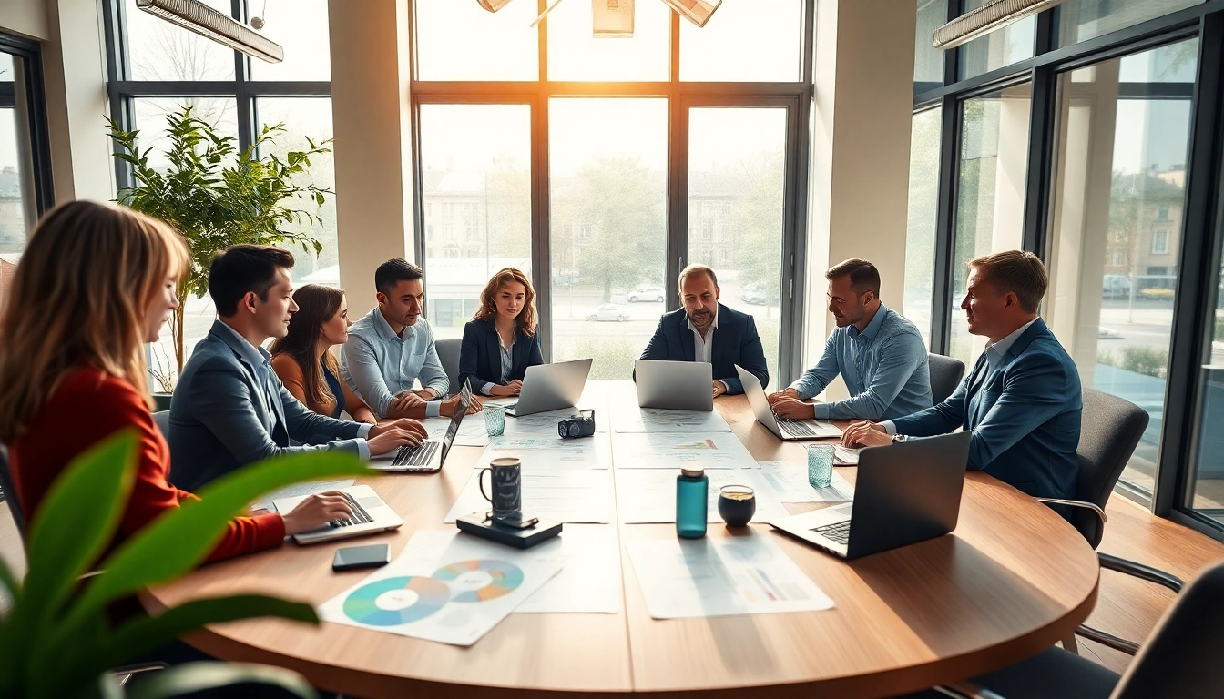 GEO Agentur team collaborating in a bright office environment, focusing on strategies.
