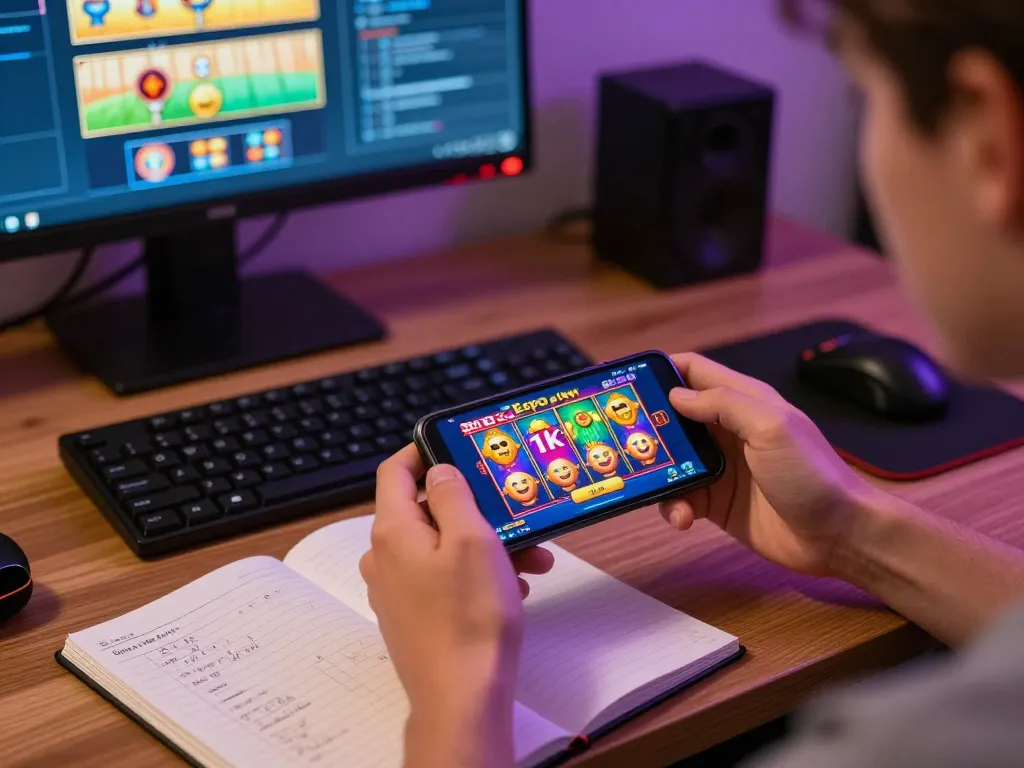 Play exciting slot depo 1k games on a smartphone during a cozy online gaming session at home.