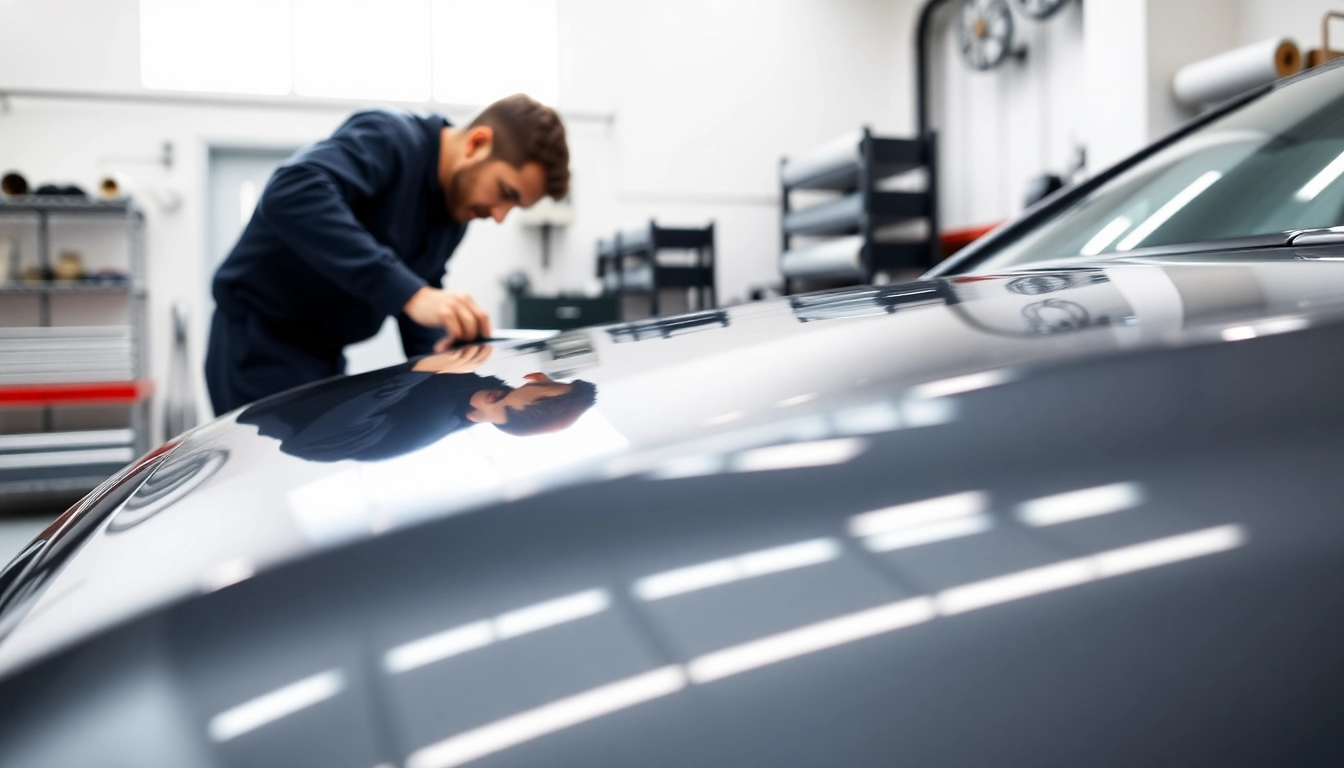 Applying paint protection film near me to a car in a bright automotive workshop.