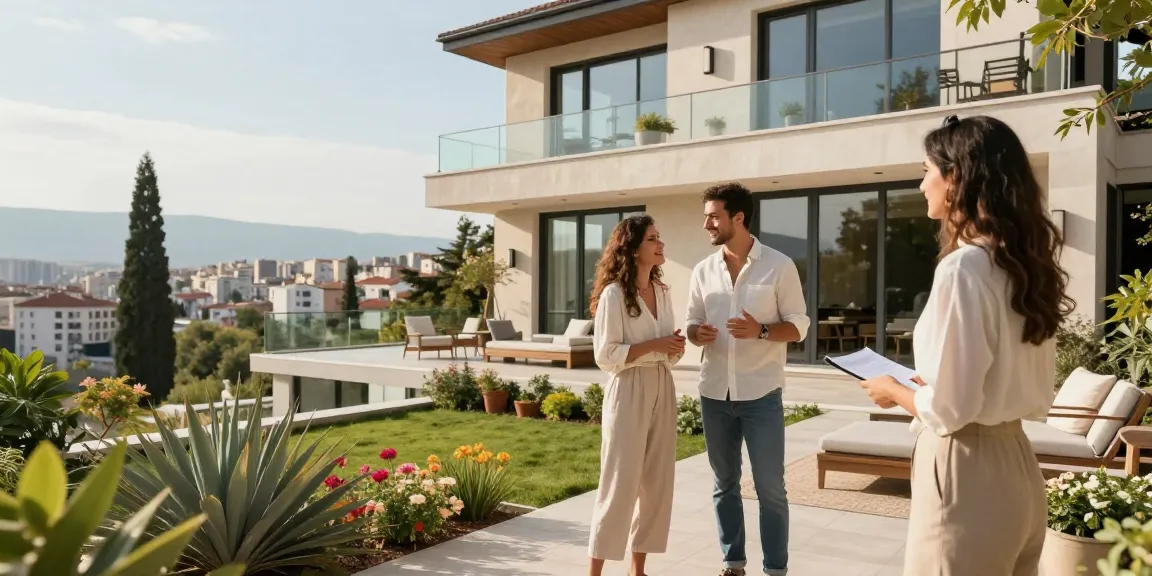 Tirana real estate - Luxurious villa tour in sunny Tirana with stylish couple and real estate agent showing modern architecture.
