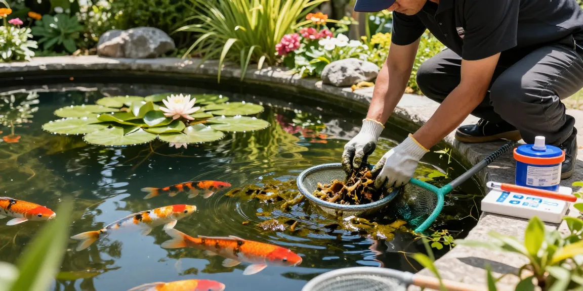 Pond Clean Sussex services being performed by a technician in a vibrant garden pond with koi fish.
