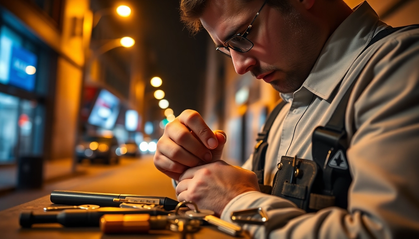 A skilled 24h locksmith ensuring security on a complex lock in an urban setting.