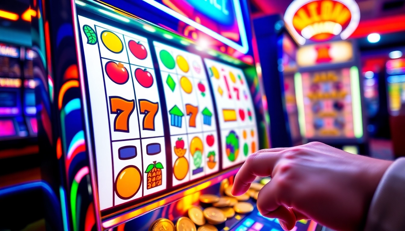 Main game Slot88 di mesin slot dengan latar kasino warna-warni yang meriah.