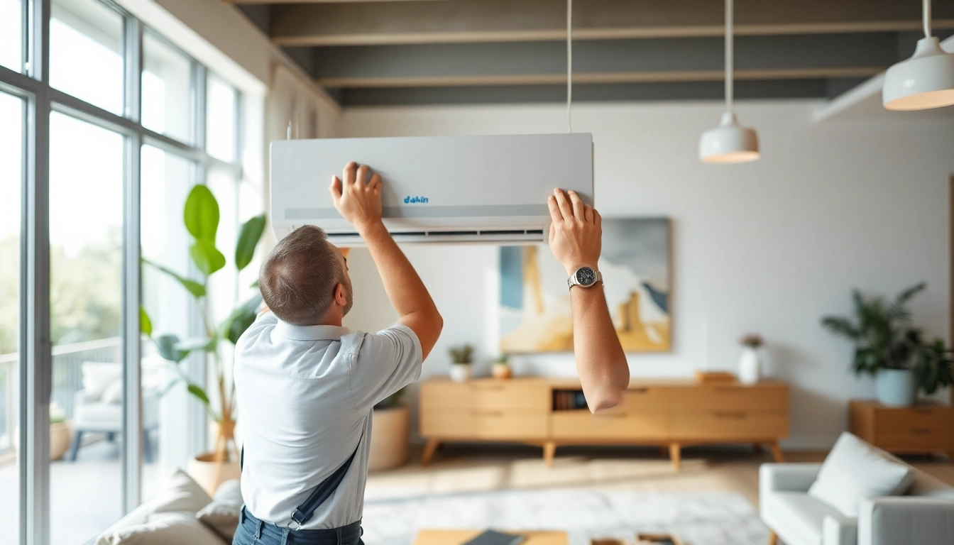 Install a daikin mini split ac with expert care in a modern living room.