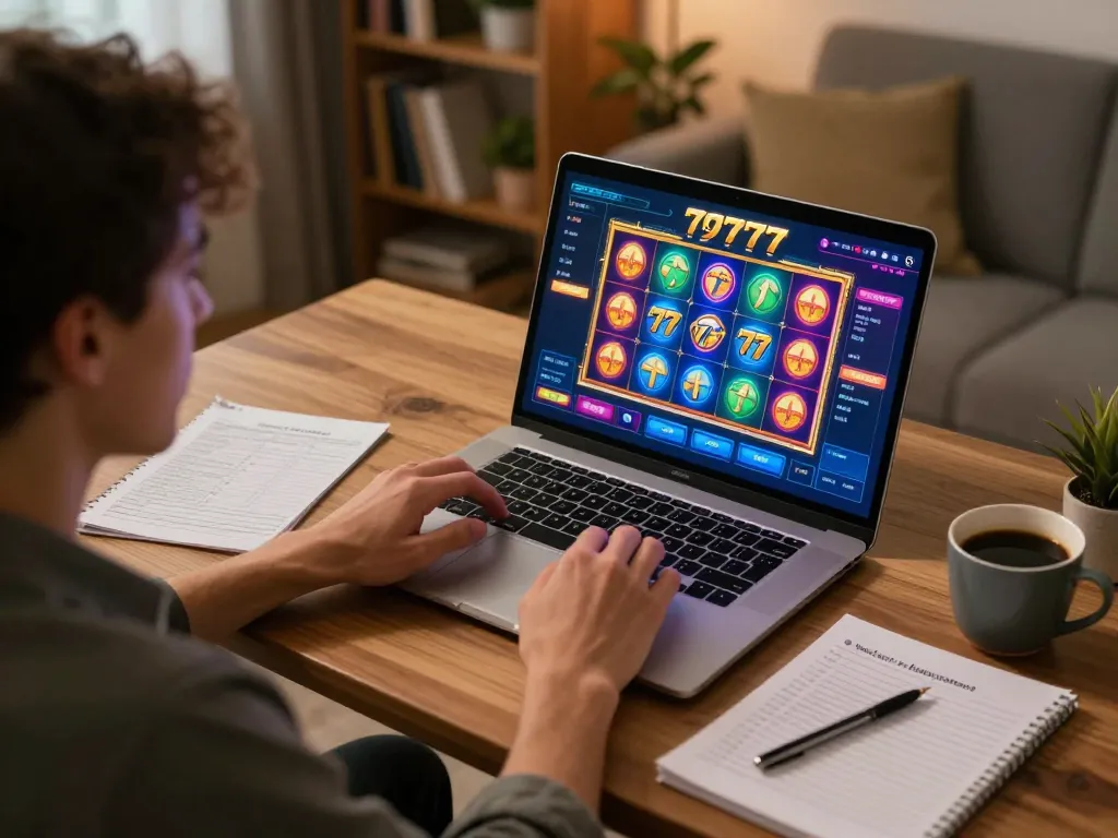Engaging player enjoying slot77 gaming on laptop with notes for bankroll management in cozy home.