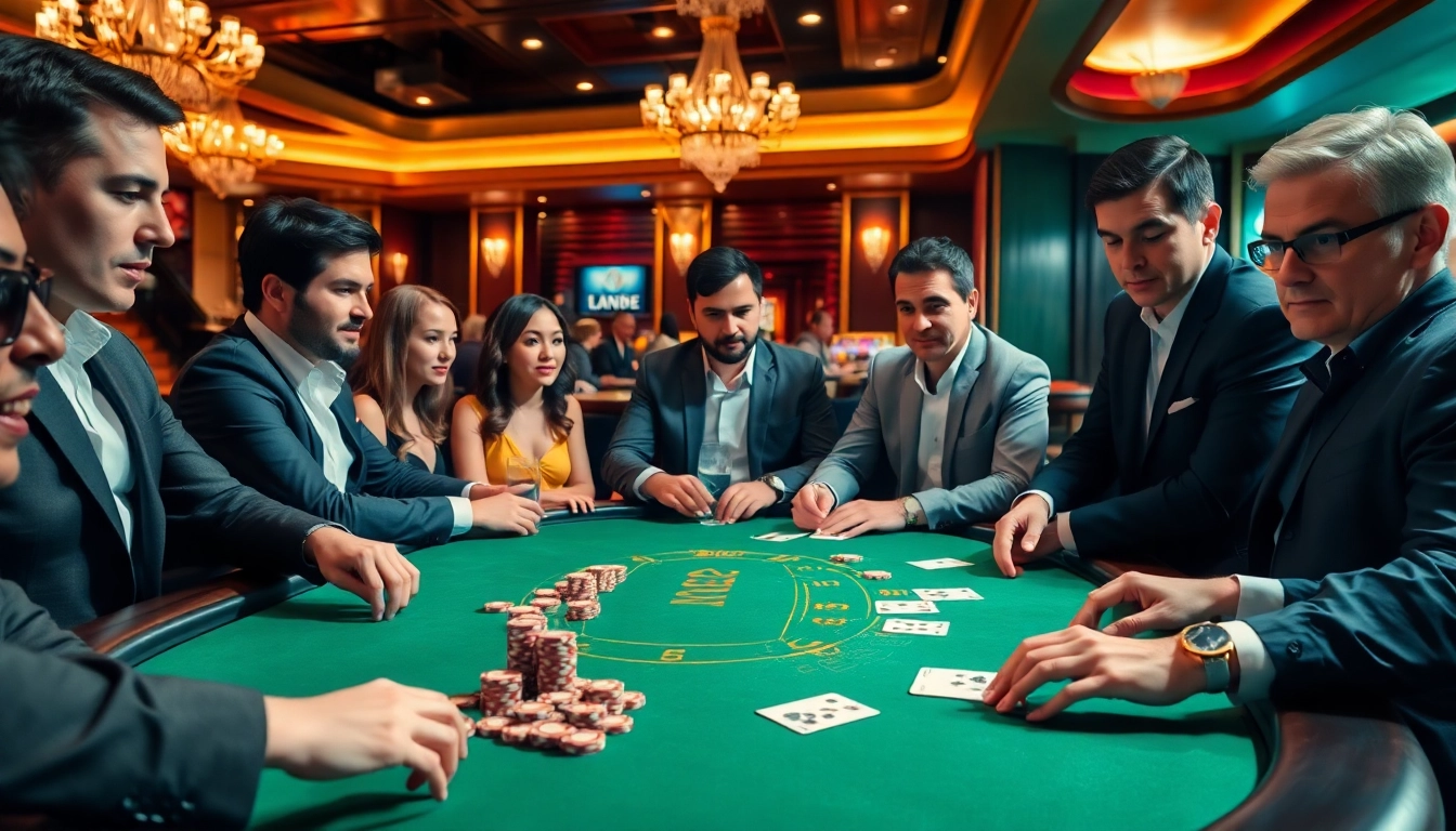 Permainan blackjack yang mendebarkan dengan MABAR88 di kasino, pemain fokus dan lingkungan mewah.