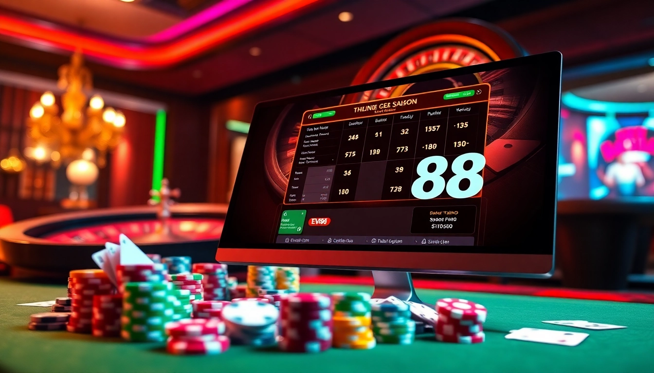 Engage in thrilling online gambling at EV88, featuring poker chips and a roulette wheel.