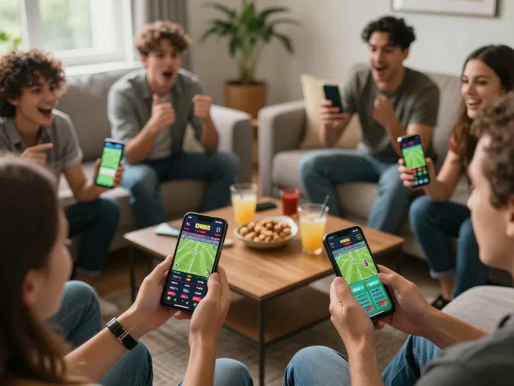 Active users engaging with the trang chủ dn88 app on smartphones during a lively sports match, showing excitement and strategic choices