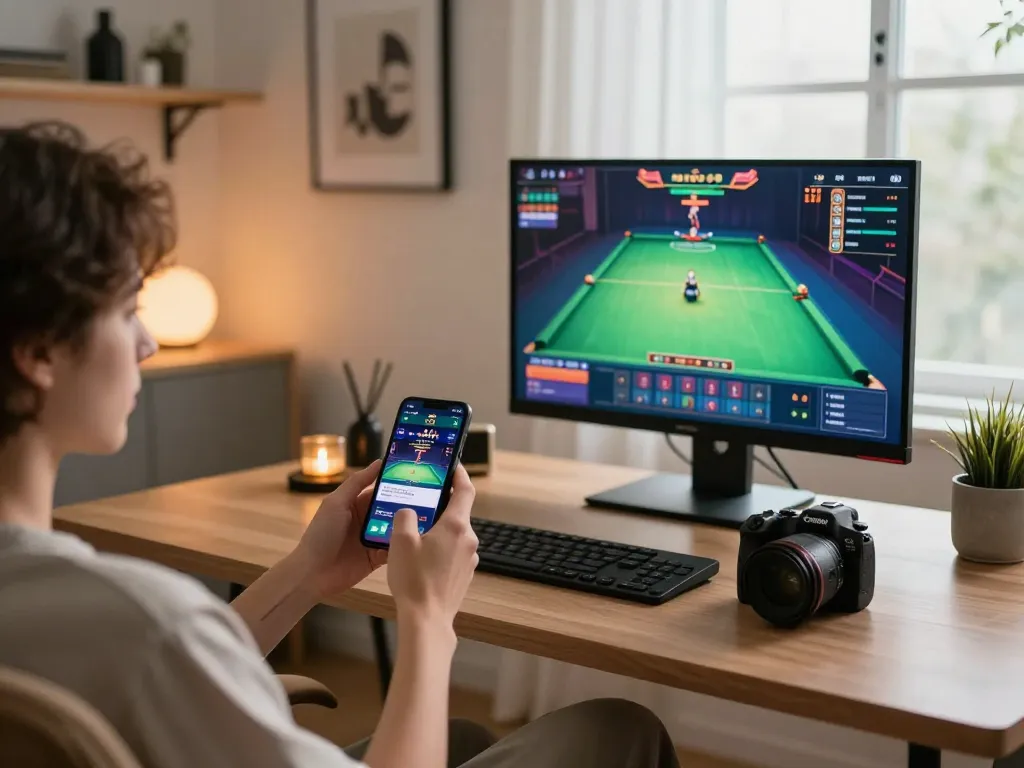 Enjoying a thrilling gaming session on the BK8 casino app with a smartphone in a modern home office.